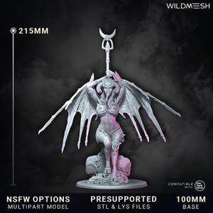 May include: A detailed 3D model of a female demon with large wings, horns, and a staff, standing on a rocky base. The model is 215mm tall and has a 100mm base. The image includes text that says "NSFW OPTIONS", "MULTIPART MODEL", "PRESUPPORTED STL & LYS FILES", and "WILDMESH".