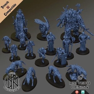 May include: A collection of blue miniature fantasy figures, including warriors, monsters, and creatures, on black bases. The figures vary in size and pose, with some holding weapons. The image includes the text "Trench Compatible" and "Kai Tech Design".