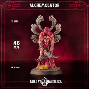 May include: A miniature figurine of the Alchemolator, a muscular figure in a red hooded cloak, holding two blood-stained blades. The figure is 46 mm tall and has ornate wings. The base has a grass-like texture, and the logo "Bullet Basilica" is at the bottom.