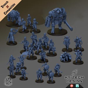 May include: A collection of miniature figurines, including warriors and monsters, in various poses. The figures are primarily gray and mounted on black circular bases. The image includes the text "Trench Compatible" and "Kai Tech Design".