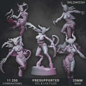 May include: A collection of five fantasy figures in various poses, each with horns, intricate armor, and flowing hair. The figures are in shades of purple and gray, with the text "WILDMESH", "11 250 COMBINATIONS", "PRESUPPORTED STL & LYS FILES", and "25MM BASE".