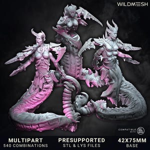 May include: A digital render of three fantasy figures, each with a humanoid upper body and a serpentine lower body. They are in dynamic poses, with detailed armour and weapons. The base size is 4.2cm x 7.5cm.