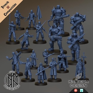 May include: A selection of blue miniature figurines depicting soldiers and armored figures, some with weapons and flags. The figures are on black circular bases. The image includes the text "Trench Compatible" and "Kai Tech Design".