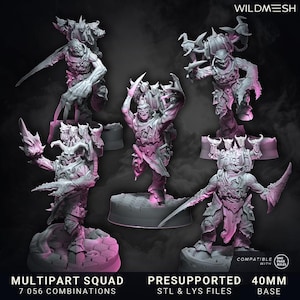 May include: A collection of six detailed, gray and pink miniature figures, each in a dynamic pose with weapons and armor. The figures are on individual bases, with the text "MULTIPART SQUAD" and "40MM BASE" visible. The image is set against a dark background.
