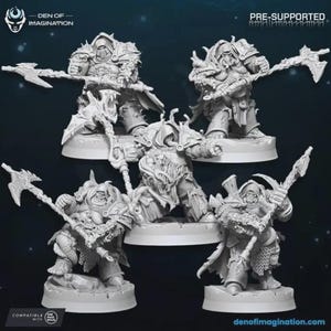 May include: Five unpainted miniature figurines of armored warriors, each wielding a large axe. The figures are on circular bases and are in various action poses. The image includes the text "DEN OF IMAGINATION" and "PRE-SUPPORTED".