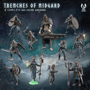 May include: A collection of miniature Viking warriors in various poses, armed with weapons like rifles, axes, and shields. The figures are detailed with helmets and armor, set against a dark, snowy background. Text at the top reads "Trenches of Midgard".