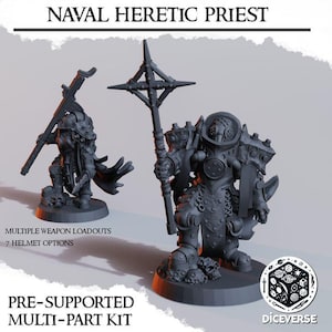 May include: Two gray, 3D-printed miniatures of a Naval Heretic Priest. One figure kneels, holding a staff, while the other stands, wielding a cross-shaped weapon. The image includes text: "MULTIPLE WEAPON LOADOUTS," "7 HELMET OPTIONS," and "PRE-SUPPORTED MULTI-PART KIT."