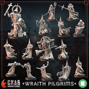 May include: A collection of miniature Wraith Pilgrims figures, each in a flowing robe and pointed hood. The figures are in various poses, some holding weapons or tools. The figures are white and stand on black bases. The text "CRAB MINIATURES + WRAITH PILGRIMS+" is at the bottom.