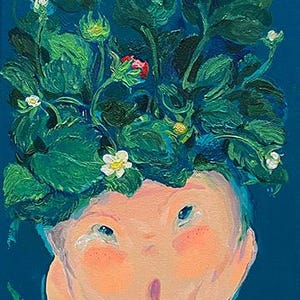 May include: An oil painting of a surprised face with a strawberry plant growing from the head. The face has blue eyes, rosy cheeks, and a surprised expression. The strawberry plant has green leaves, white flowers, and a single red berry. The background is a deep blue.
