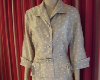 1950s Silk Two Piece Marie Moore UK 14 Beige and White