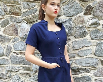 1940s Heavy Navy Blue Linen Tea Dress by Susan Small UK 12-14