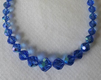 1930s Necklace Blue Faceted Crystal Lustre Graduated Beads