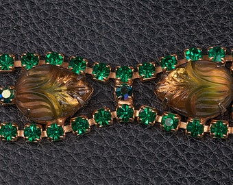 1940s Bracelet Gold Plated with Green Rhinestone and Lucite Leaves