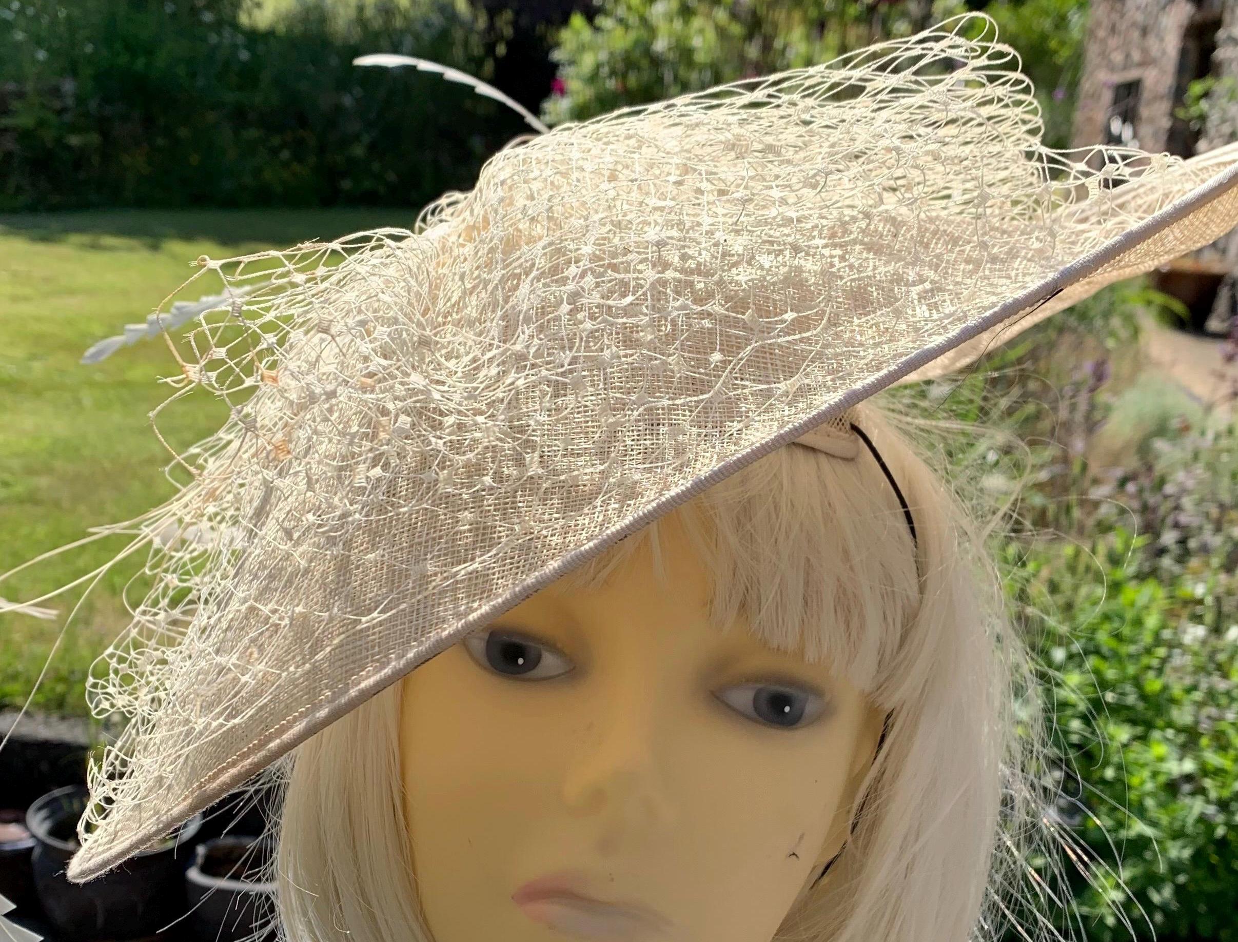 Designer Nigel Rayment Sinamay Cream Hat With Netted Tulle  display picture 2
