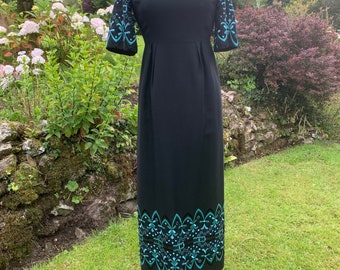 1960s Black Embroidered After Eight Fitted Gown - Chest 36 inches