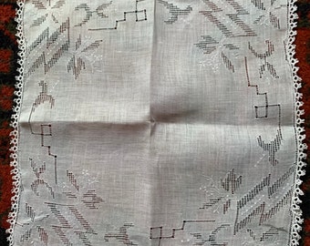 Antique Lace Drawn Work White Cotton Handkerchief