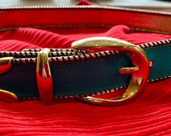 Belt Ladies Vintage Leather Kingfisher and Gold with Brass Metal trim and Buckle 28 inch waist Unused