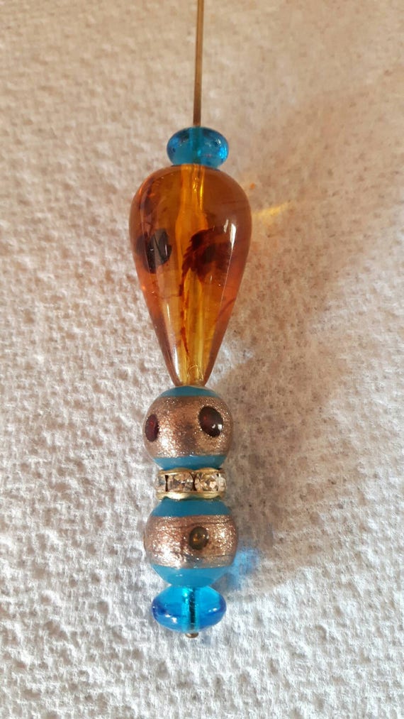 1930s Amber Venetian Glass Beads and Rhinestone Hat Pin - Etsy display picture 2