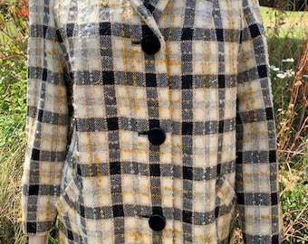 1950s Original Boucle Tweed Jacket by Aerton with Black Velvet Trim UK 14 with 3/4 Sleeves