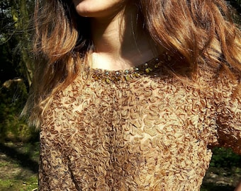 1950s Blouse Gold/Bronze Cropped Ribbon Lace encrusted with Jewels