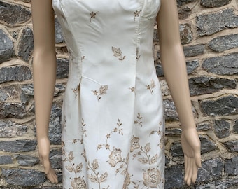 1950s Cocktail Dress Ricci Michaels of Mayfair Cream Satin with Gold Embroidery 36 inch chest