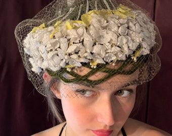1950s Hat Structured White and Yellow Blossom on a Green Velvet Frame