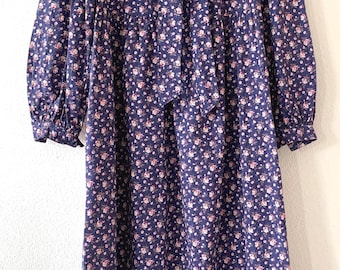 1960s Dress Laura Ashley floral 100% Cotton UK 8  Navy and Pink Tie neck