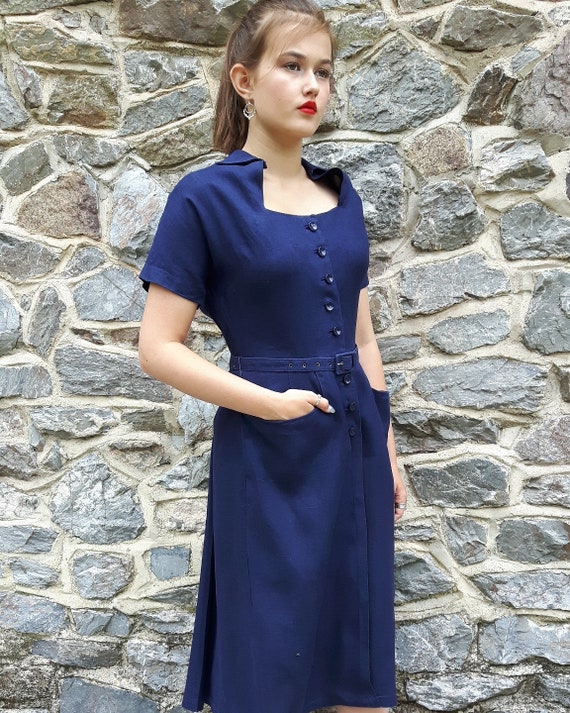 1940s blue dress Heavy Navy Linen Tea by Susan Small UK 12-14 Ball gown
