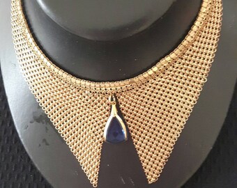 Vintage Mesh Collar Necklace Gold Tone with Blue Pendant