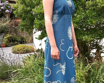 1960s Gown Mackerness Blue Lurex with Silver and Gold Lurex Dragon pattern UK 14 Sleeveless chest 38 inches