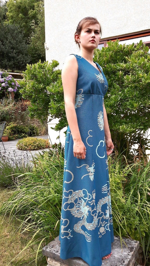 1960s Gown Mackerness Blue Lurex With Silver and Gold Lurex Dragon Pattern  UK 14 Sleeveless Chest 38 Inches - Etsy