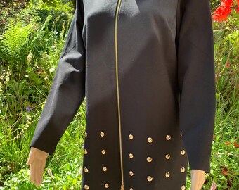 1980s Style Ladies Long Jacket Rayon Blend Black with Gold Studs made by Julien Macdonald Size 40 inch Chest