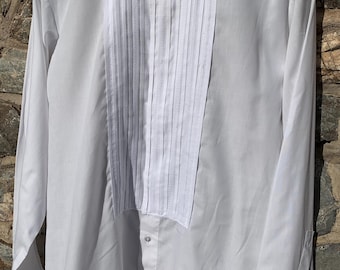 1970s Vintage White Dress/Tuxedo White Shirt 16 inch Collar Double cuff Pleated Bib by Rocola