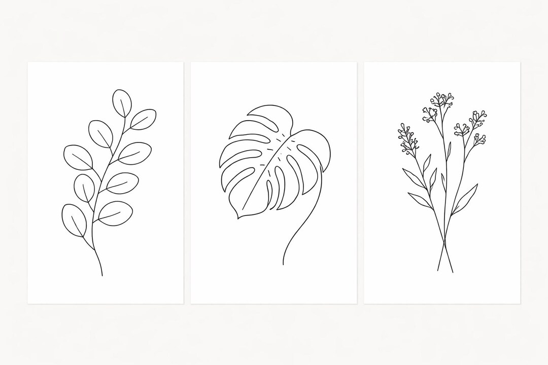 Botanical Line Art Print Set of 3, Minimalist Plant Drawing, Black ...