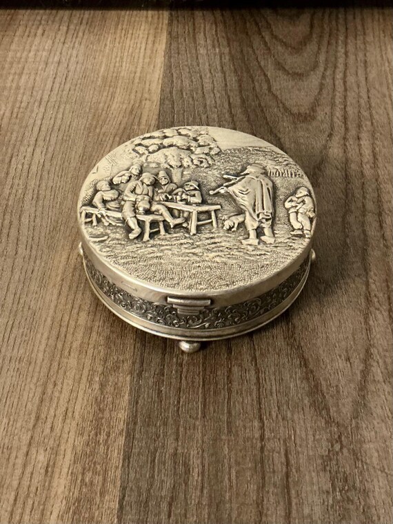 Antique Silver Plated Trinket Box: Dutch Bar Scene, Mirrored Top