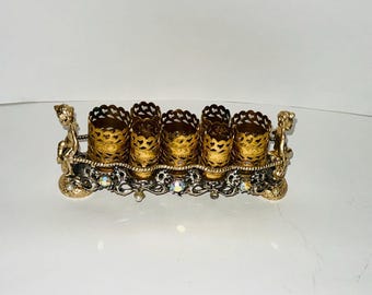 Vintage Gold Ormolu Filigree With Cherubs And Rhinestones 7 Slot Lipstick Holder