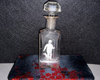 Frasco de perfume antiguo de cristal transparente Fenton Mary Gregory: diseño esmaltado con diseño de perro pastor.