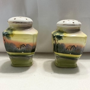 Antique Nippon Porcelain Salt and Pepper Shakers: Hand Painted Landscape