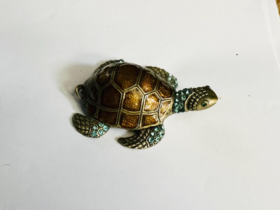 Enamel With Crystal Rhinestones Turtle Hinged Trinket Box (3")