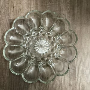 1970’s Fairfield Clear Anchor Hocking 12 Slot Devilled Egg  / Easter Egg Tray With Center Dip Bowl 10”