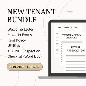 Puede incluir: Un gráfico digital que promociona un "Nuevo Paquete para Inquilinos" con una computadora portátil que muestra una carta de bienvenida, una lista de verificación de mudanza y una solicitud de alquiler. El paquete incluye una carta de bienvenida, formularios de mudanza, política de alquiler, servicios públicos y una lista de verificación de inspección. También se incluye el texto "Imprimible y editable".