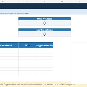 May include: An Inventory Health Dashboard spreadsheet template featuring blue headers and white data cells. It includes sections for Total Inventory Value, Units Available, Suggested Order Units, Critical items, Low-Stock items, and Overstock items.