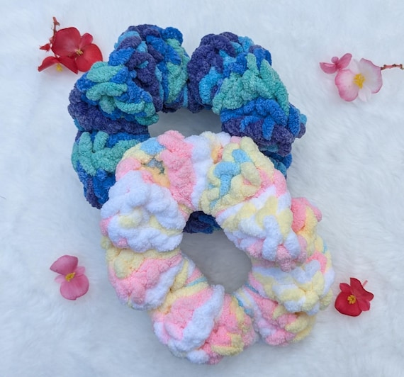 Soft Handmade Velvet Multicolored Crochet Scrunchie: Custom Color Chenille Yarn Hairtie