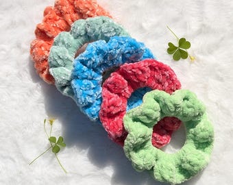 Soft Handmade Velvet Neon Colored Crochet Scrunchie: Custom Color Chenille Yarn Hairtie