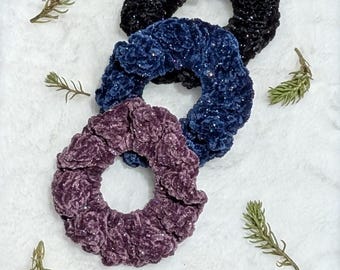 Soft Handmade Velvet Sparkly Crochet Scrunchie: Custom Color Chenille Yarn Hairtie