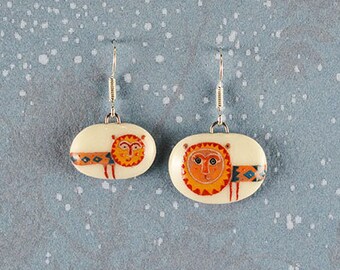 Circus lions earrings, yellow and orange earrings, dangle earrings, circus jewelry, ceramic earrings