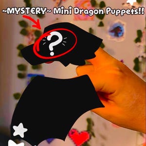 Può includere: Un mini burattino di drago nero con un punto interrogativo. Il testo "~MYSTERY~ Mini Dragon Puppets!!" è sopra il burattino. Il burattino è tenuto da una mano.