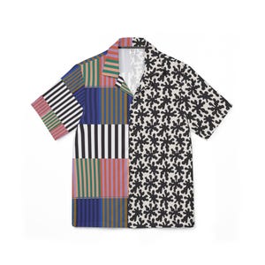 May include: A short-sleeve button-down shirt featuring a split design. The left side displays a black and white organic blob pattern, while the right side is divided into rectangular panels of vertical stripes in blue, white, black, orange, and green.