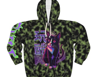 Neon Cyberpunk Goth Kätzchen Hoodie | Japanisches Futuristisches Schwarz Grün