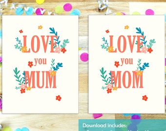 「Love you Mom」デジタルプリント。明るくカラフルな花柄のウォールアート。母の日、お母さんの誕生日、または特別な日に最適なギフトです。